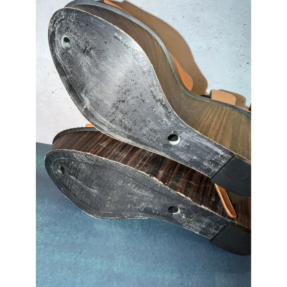 Coach Harla Tan Leather Wood Wedge Platform Sandals